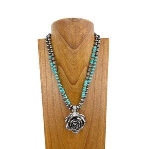 21  inches double silver Navajo pearl and blue roundel turquoise stone beads